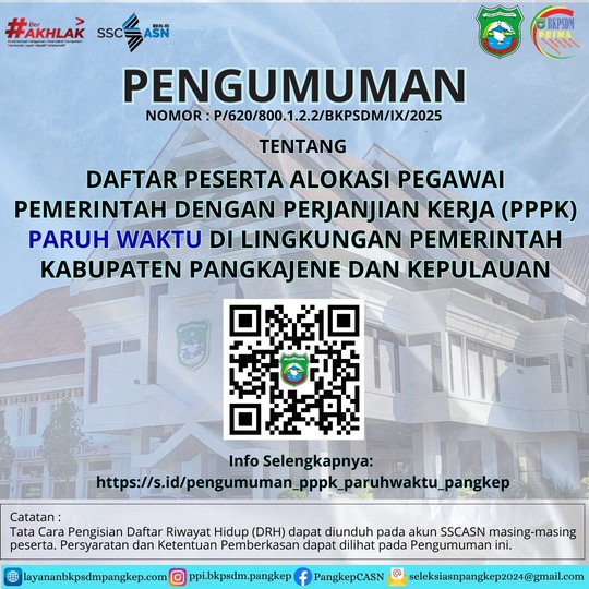 PENGUMUMAN DAFTAR PESERTA ALOKASI PEGAWAI PEMERINTAH DENGAN PERJANJIAN KERJA(PPPK) PARUH WAKTU DI LINGKUNGAN PEMERINTAH KABUPATEN PANGKAJENE DAN KEPULAUAN